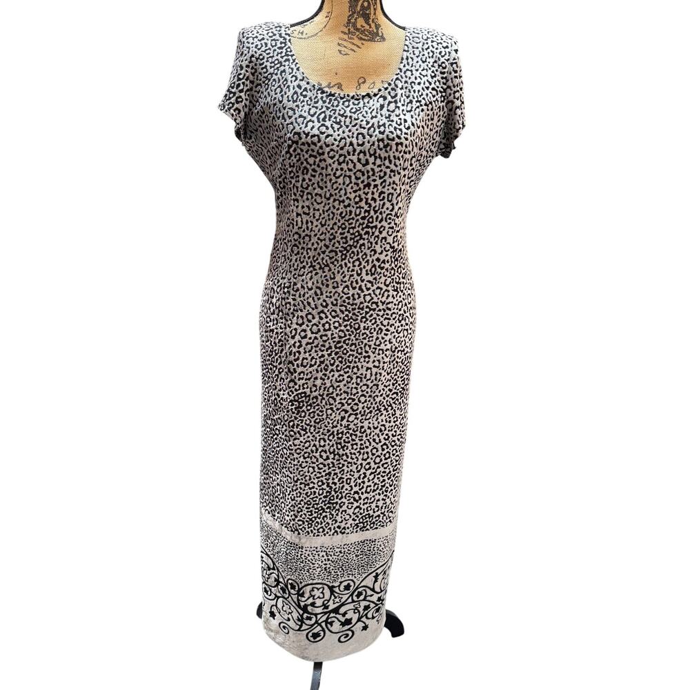 Vtg Joseph Ribkoff Leopard Print Maxi Dress Womens 12 Gray Black Scroll Hem Y2K